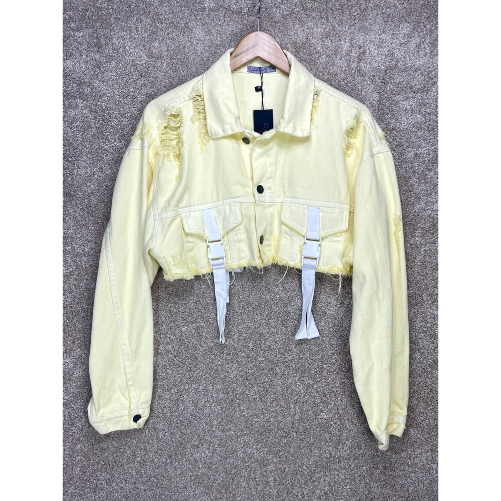 Carmar Distressed Buckle Strap Denim Jacket Women XS Yellow Oversized Grunge NEW